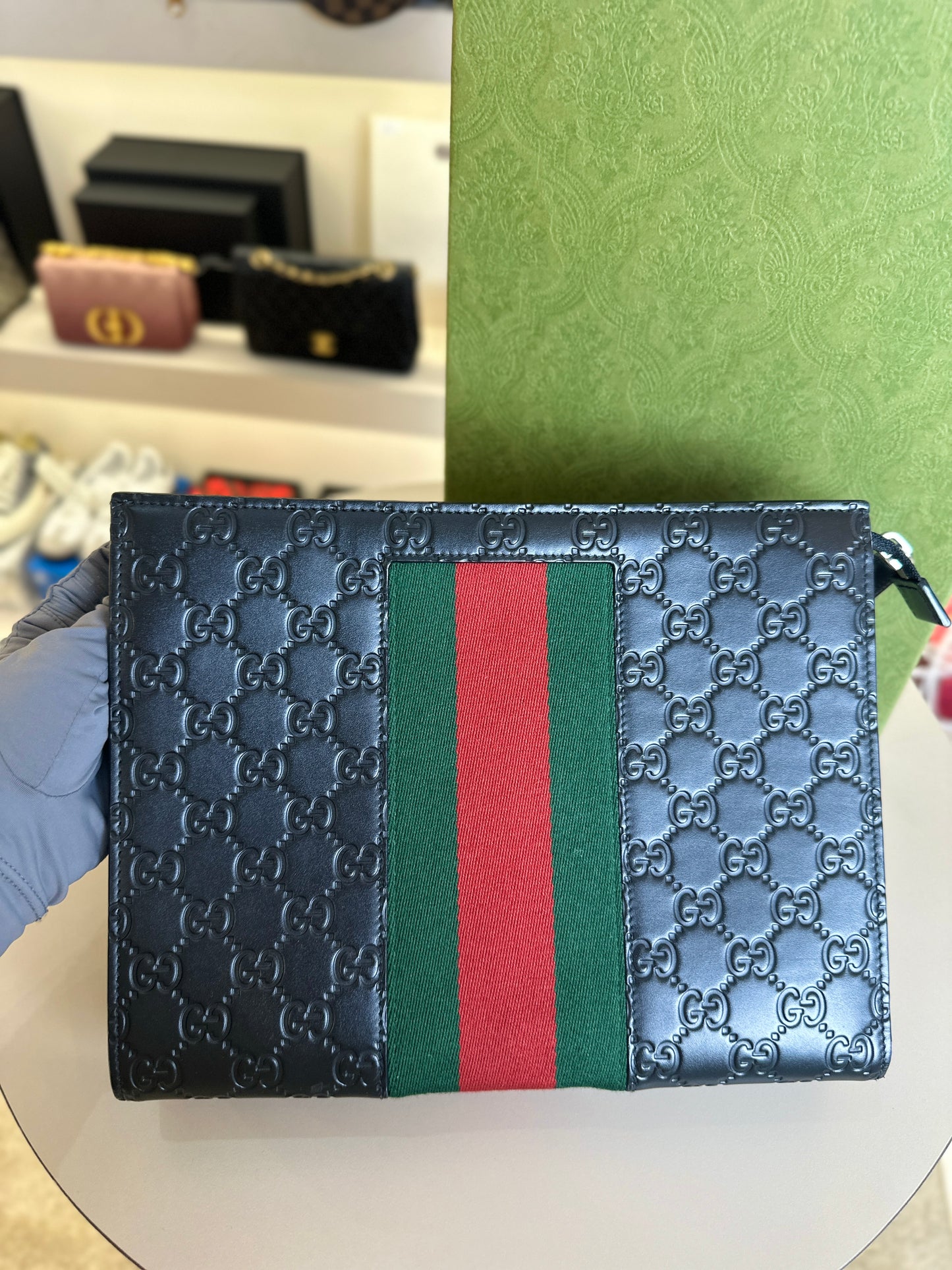 GUCCI WEB CLUTCH LEATHER